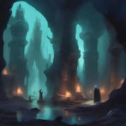 A detailed fantasy illustration of the Underdark, a vast subterranean world filled with dark caverns, glowing fungi, and mysterious creatures