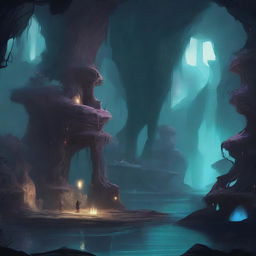 A detailed fantasy illustration of the Underdark, a vast subterranean world filled with dark caverns, glowing fungi, and mysterious creatures