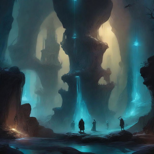 A detailed fantasy illustration of the Underdark, a vast subterranean world filled with dark caverns, glowing fungi, and mysterious creatures