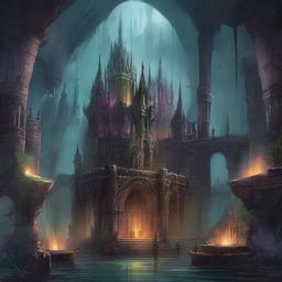 A detailed fantasy illustration of an Underdark kingdom, a grand subterranean realm filled with dark caverns, glowing fungi, and mysterious creatures