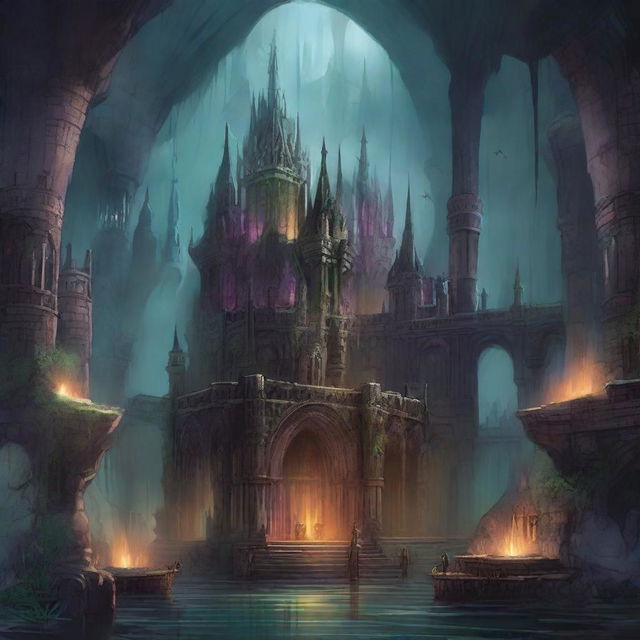 A detailed fantasy illustration of an Underdark kingdom, a grand subterranean realm filled with dark caverns, glowing fungi, and mysterious creatures