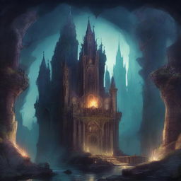 A detailed fantasy illustration of an Underdark kingdom, a grand subterranean realm filled with dark caverns, glowing fungi, and mysterious creatures