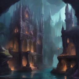 A detailed fantasy illustration of an Underdark kingdom, a grand subterranean realm filled with dark caverns, glowing fungi, and mysterious creatures