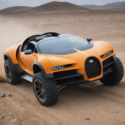 Bugatti cars reimagined as off-road vehicles, equipped with rugged tires, enhanced suspension and protective frames for tough terrains.