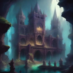 A detailed fantasy illustration of an Underdark kingdom, a grand subterranean realm filled with dark caverns, glowing fungi, and mysterious creatures