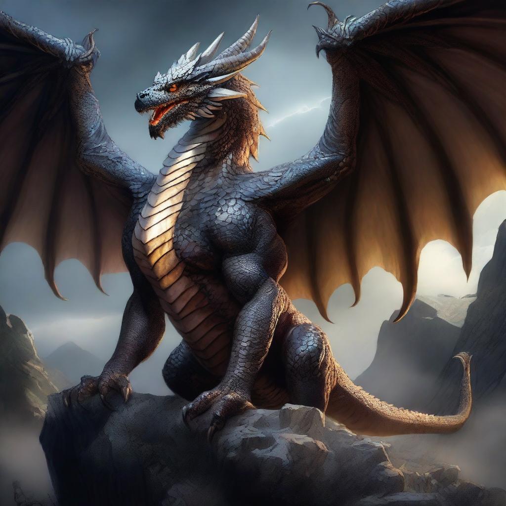 A highly detailed fantasy illustration of a Terrask, a massive and ancient dragon-like creature with thick scales, enormous wings, and glowing eyes