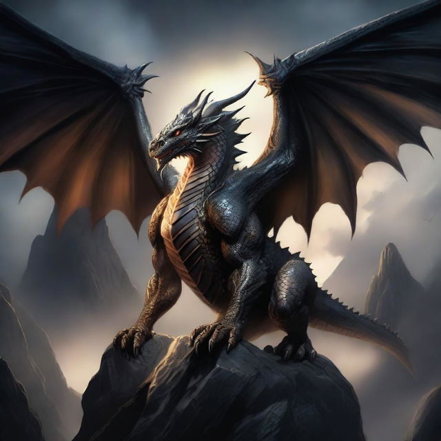 A highly detailed fantasy illustration of a Terrask, a massive and ancient dragon-like creature with thick scales, enormous wings, and glowing eyes