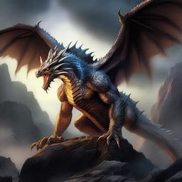 A highly detailed fantasy illustration of a Terrask, a massive and ancient dragon-like creature with thick scales, enormous wings, and glowing eyes