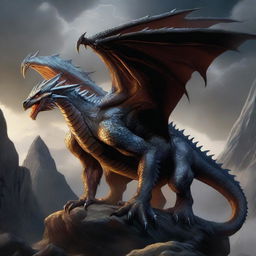 A highly detailed fantasy illustration of a Terrask, a massive and ancient dragon-like creature with thick scales, enormous wings, and glowing eyes