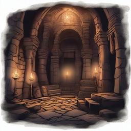 A highly detailed fantasy illustration of the Underdark catacombs, a labyrinthine network of ancient tunnels and chambers deep beneath the earth