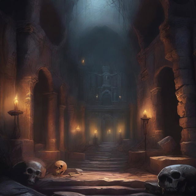 A highly detailed fantasy illustration of the Underdark catacombs, a labyrinthine network of ancient tunnels and chambers deep beneath the earth