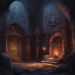 A highly detailed fantasy illustration of the Underdark catacombs, a labyrinthine network of ancient tunnels and chambers deep beneath the earth