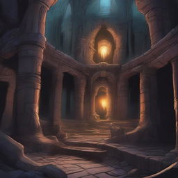 A highly detailed fantasy illustration of the Underdark labyrinth, a complex maze of dark tunnels and passages deep beneath the earth