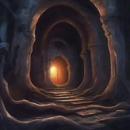 A highly detailed fantasy illustration of the Underdark labyrinth, a complex maze of dark tunnels and passages deep beneath the earth