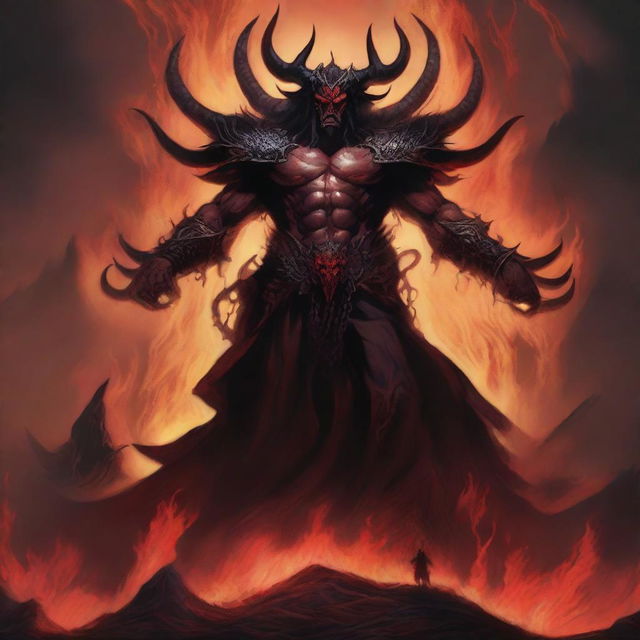 A detailed fantasy illustration of Asmodeus, the powerful and malevolent ruler of the Nine Hells