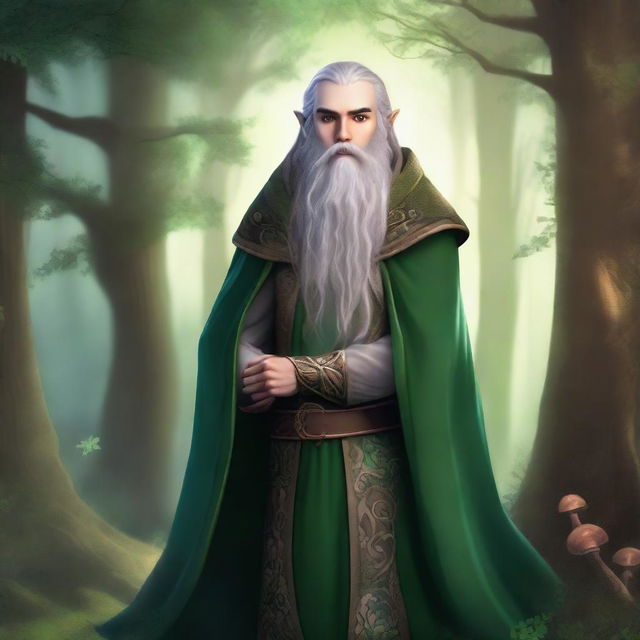 A bearded elf standing in a mystical forest