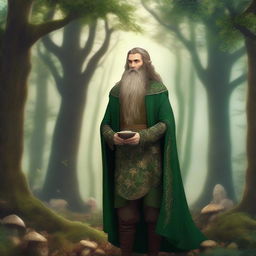 A bearded elf standing in a mystical forest