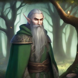 A bearded elf standing in a mystical forest