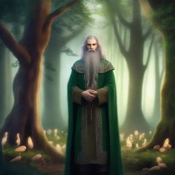 A bearded elf standing in a mystical forest