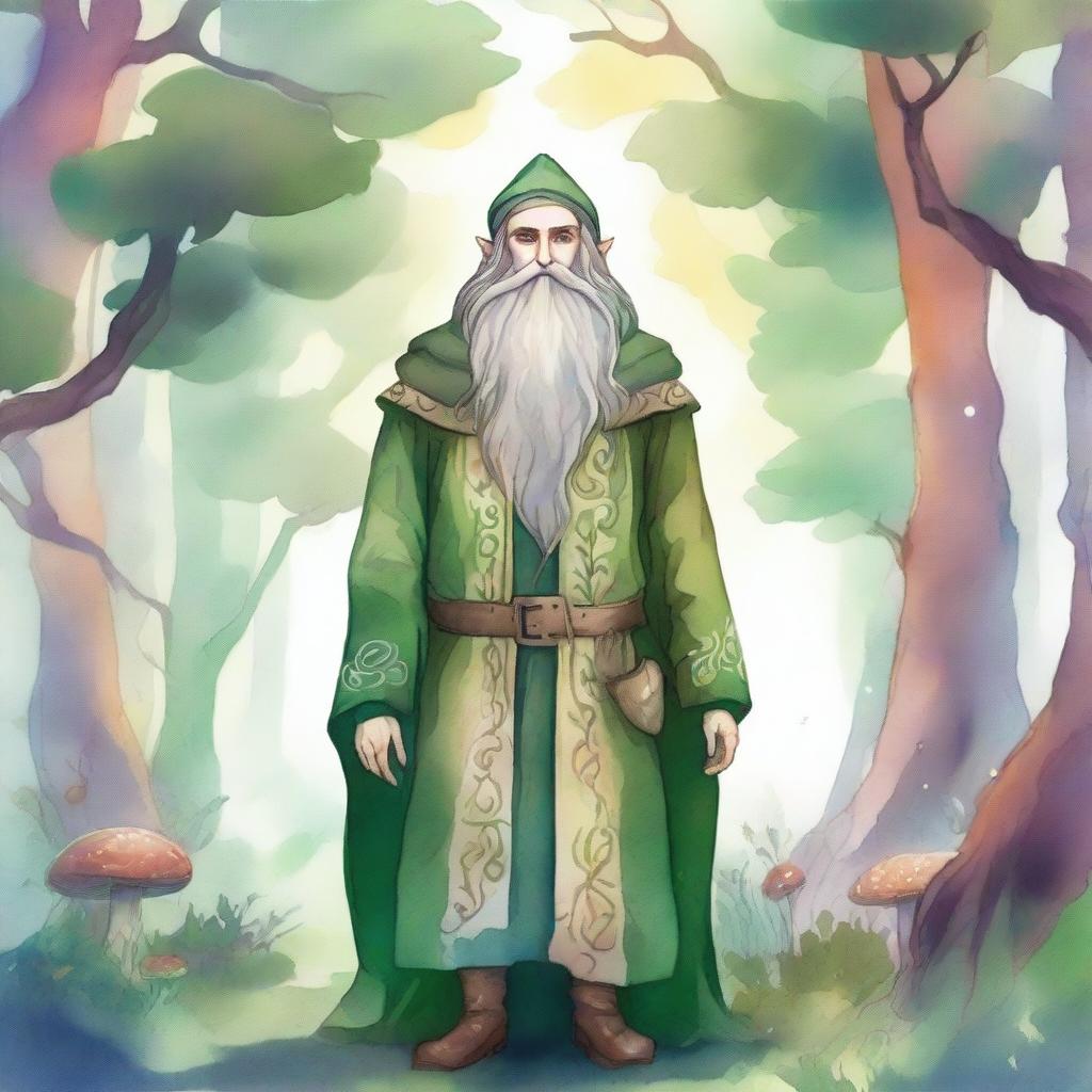 A bearded elf standing in a mystical forest, illustrated in a hand-drawn style with watercolor colors