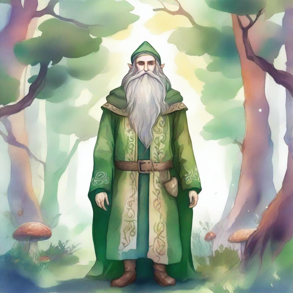 A bearded elf standing in a mystical forest, illustrated in a hand-drawn style with watercolor colors