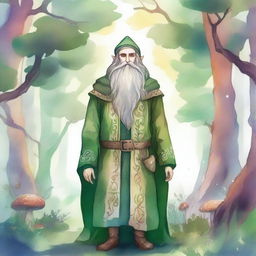 A bearded elf standing in a mystical forest, illustrated in a hand-drawn style with watercolor colors