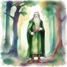 A bearded elf standing in a mystical forest, illustrated in a hand-drawn style with watercolor colors