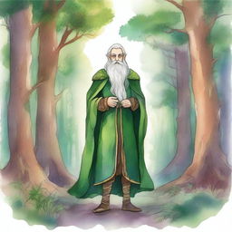 A bearded elf standing in a mystical forest, illustrated in a hand-drawn style with watercolor colors