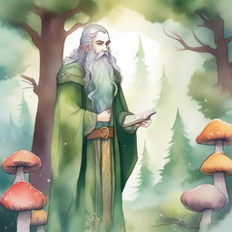 A bearded elf standing in a mystical forest, illustrated in a hand-drawn style with watercolor colors