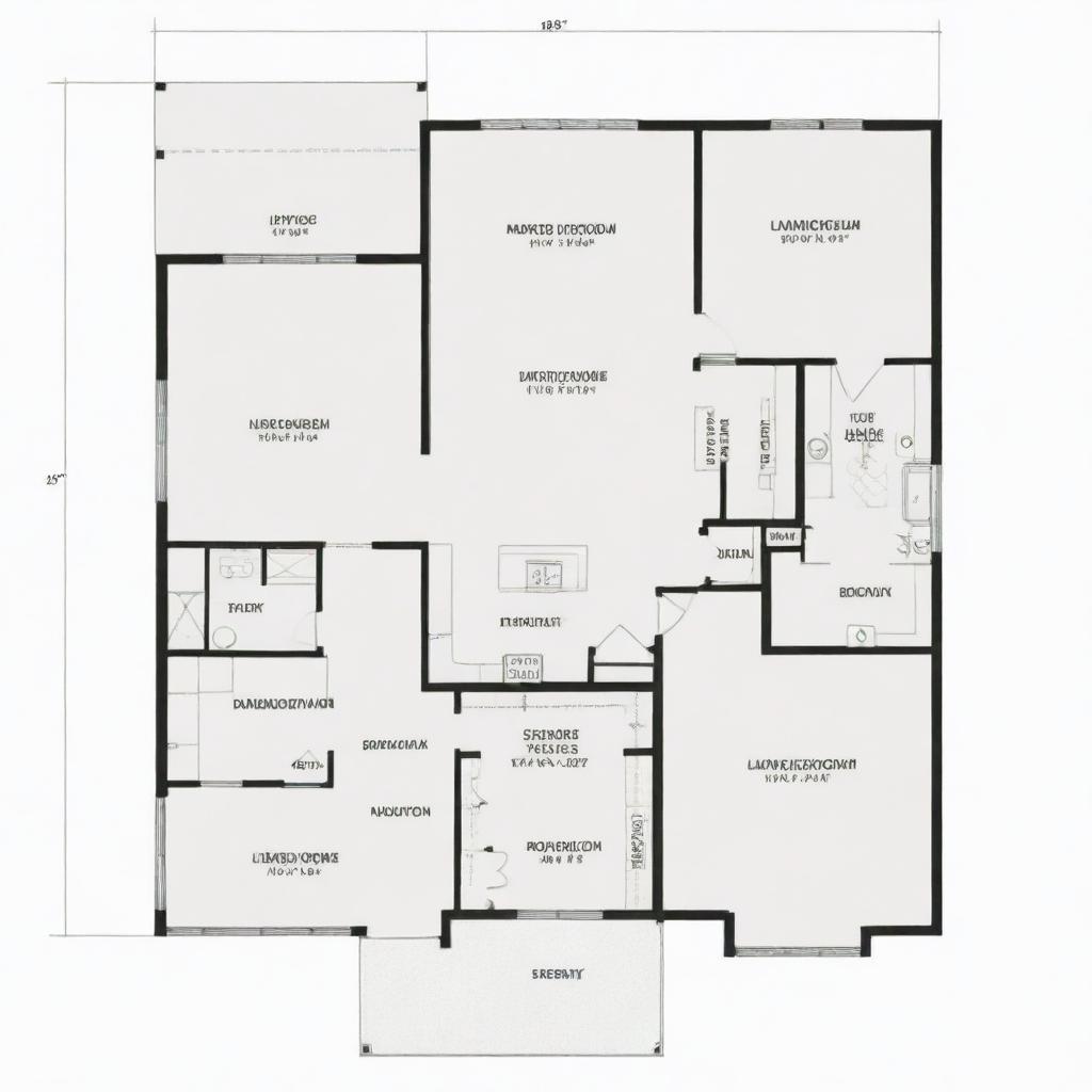 A two-story house floor plan with one bedroom on the first floor and three bedrooms on the second floor. Include architectural details.