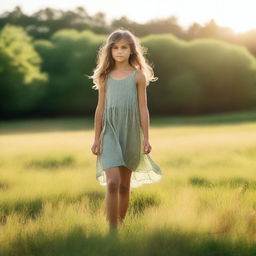 A young girl standing barefoot in a lush green meadow, with a serene and peaceful expression on her face