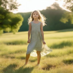 A young girl standing barefoot in a lush green meadow, with a serene and peaceful expression on her face