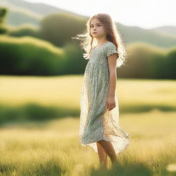 A young girl standing barefoot in a lush green meadow, with a serene and peaceful expression on her face