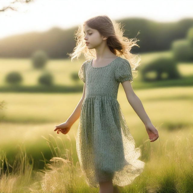 A young girl standing barefoot in a lush green meadow, with a serene and peaceful expression on her face