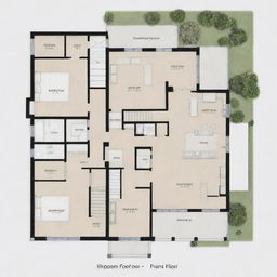 A two-story house floor plan with one bedroom on the first floor and three bedrooms on the second floor. Include architectural details.