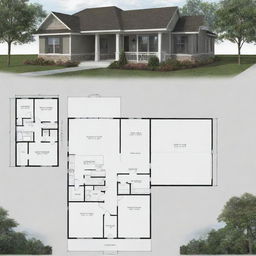 A two-story house floor plan with one bedroom on the first floor and three bedrooms on the second floor. Include architectural details.