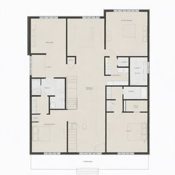 A two-story house floor plan with one bedroom on the first floor and three bedrooms on the second floor. Include architectural details.