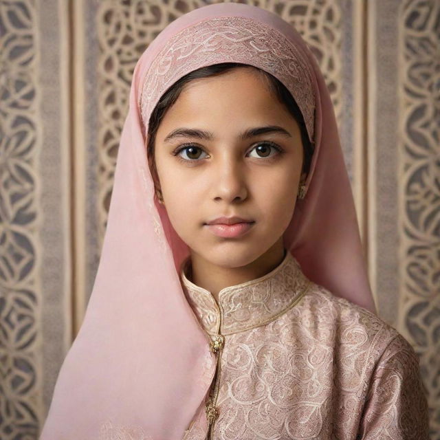 A respectful portrait of a young Islamic girl in traditional attire, with a background of beautifully designed Arabic patterns.