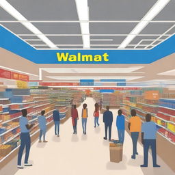 An artistic representation of a Walmart store with shoppers inside