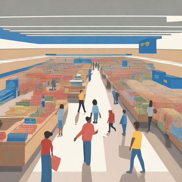 An artistic representation of a Walmart store with shoppers inside