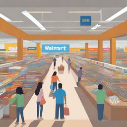 An artistic representation of a Walmart store with shoppers inside