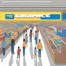 An artistic representation of a Walmart store with shoppers inside