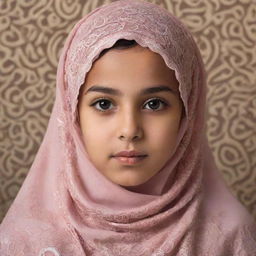 A respectful portrait of a young Islamic girl in traditional attire, with a background of beautifully designed Arabic patterns.