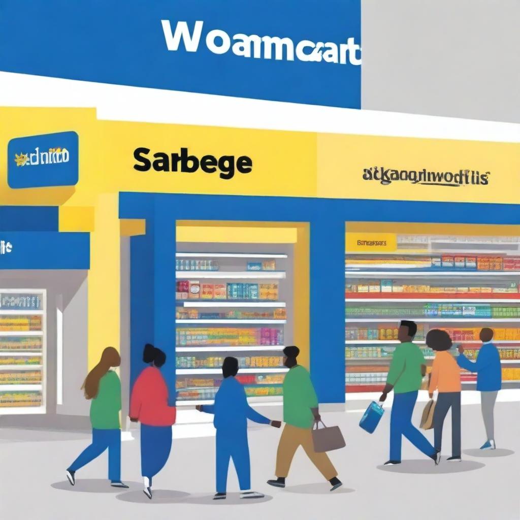 An artistic cover page featuring a Walmart store with shoppers inside, highlighting the use of credit cards