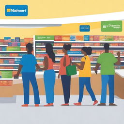 An artistic cover page featuring a Walmart store with shoppers inside, highlighting the use of credit cards