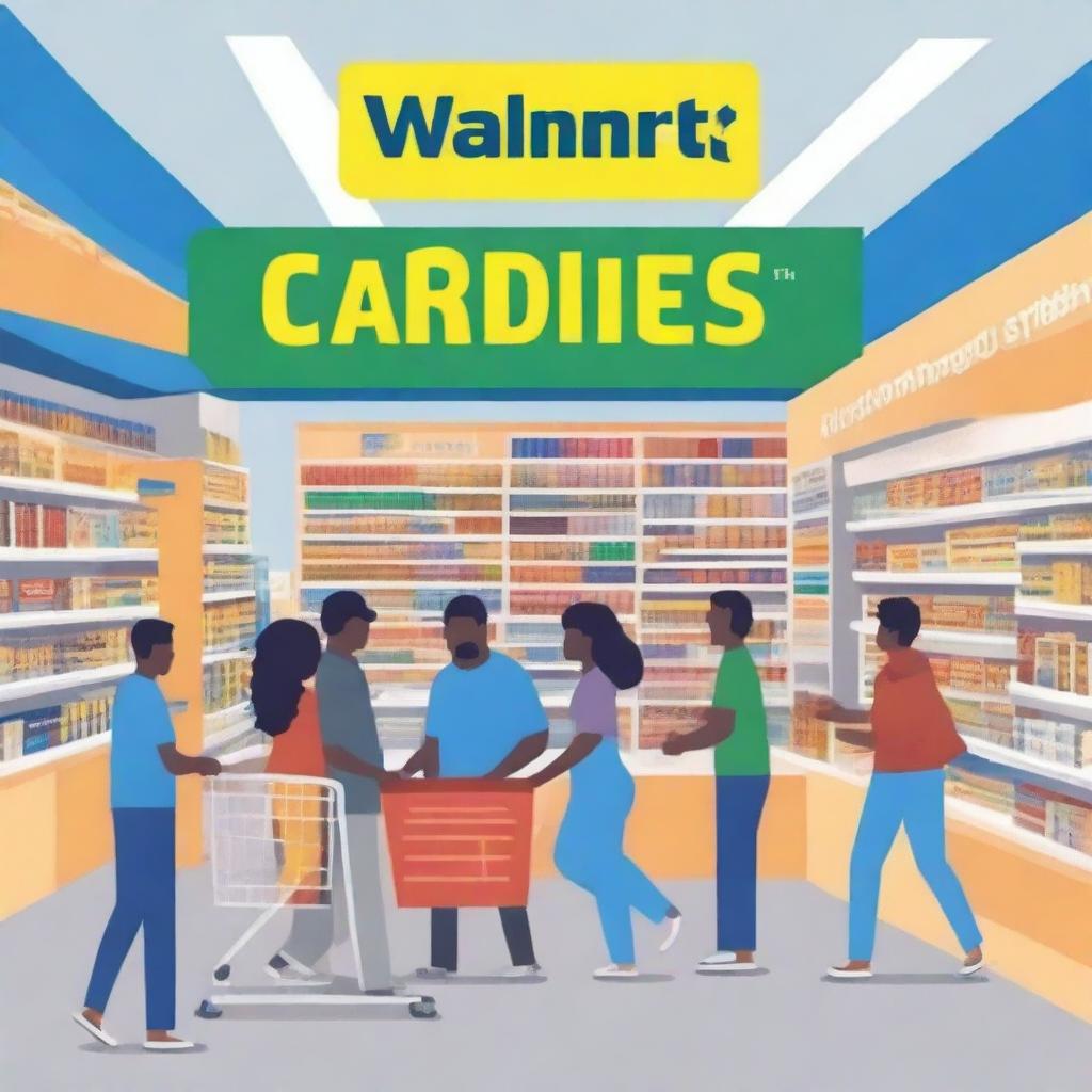 An artistic cover page featuring a Walmart store with shoppers inside, emphasizing the use of credit cards