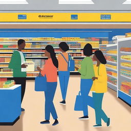 An artistic cover page featuring a Walmart store with shoppers inside, emphasizing the use of credit cards