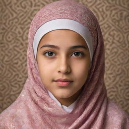 A respectful portrait of a young Islamic girl in traditional attire, with a background of beautifully designed Arabic patterns.