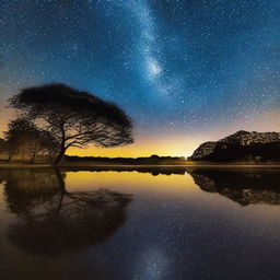 Uma lua brilhante no céu noturno emitindo um rastro luminoso de estrelas