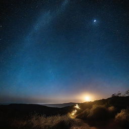 Uma lua brilhante no céu noturno emitindo um rastro luminoso de estrelas